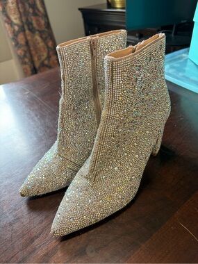 Crystal Embellished Pointed Toe Ankle Boots - Champagne